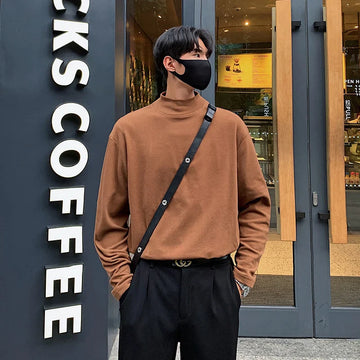 Pullover Korean Style Men's Base T-shirts Casual Solid Stand Collar Long Sleeve Fashion Male Tees Winter